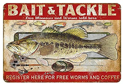 Cartel de metal con diseño de cebo y aparejos de caza y pesca, pintura de hierro para colgar, retro, hogar, cocina, jardín, garaje, decoración de pared, 8 x 12 pulgadas
