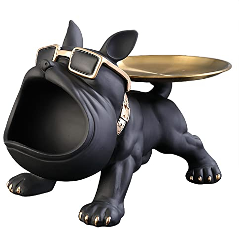 Coole Bulldogge Skulptur Französisch Statue mit Edelstahl Tablett, Harz Big Mouth Bulldogge Bulldogge Schlüssel Schale Schmuck Aufbewahrungsbox Modern Skulptur Deko für Flur Wohnzimmer (schwarz)
