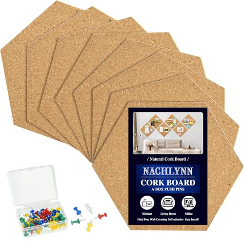 NACHLYNN Hexagon Cork Bulletin Boards 8 Pack - Self-Adhesive Corkboards with 50 Colorful Color Push Pins
