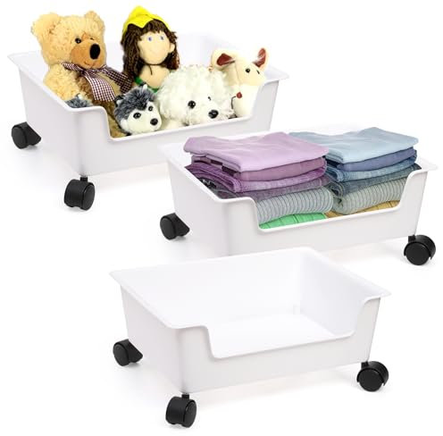 Noamus 3 Pack Under Bed Storage, Underbed Toys Storage Containers with Wheels, Plastic Bedroom Storage Organization, Under Bed Storage Bins Drawer For Clothes Blankets Shoes Books, White