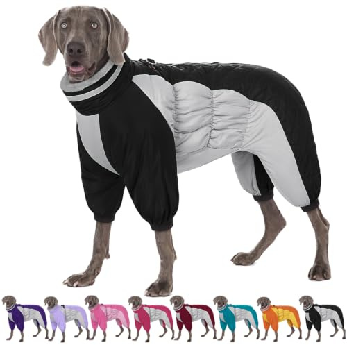 AOFITEE Dog Coat for Large Dogs Warm Full Body Dog Jacket with Legs | Waterproof Dog Winter Coat Snow Jacket with Harness, Reflective Fullbody Dog Snowsuit Jacket for French Bulldog, Black L