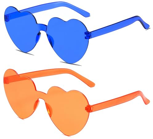 JCTAIFOO 2 Paare Herz Sonnenbrille für Damen Transparente randlose Süßigkeiten Farbe Brille Nette Mädchen Herz-Form Sonnenbrille Dunkelblau+Orange