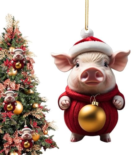 Pekoluta Weihnachtsschmuck - Schwein Christbaumschmuck | Weihnachtsschwein | Lustige 2D Acryl Schwein Baumschmuck | Weihnachtsschwein Mit Ball Christbaumschmuck