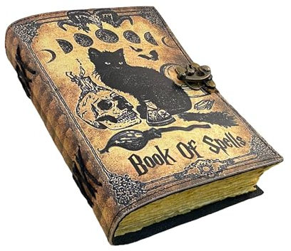 Tajhandicrafts Blanko-Buch der Schatten Grimoire Tagebuch Magische Katze gedruckt Hexerei Supplies Hexe Wicca Notizbuch Handgemachtes Vintage Büttenpapier Leder Skizzenbuch, tolle Geschenke 17,8 x