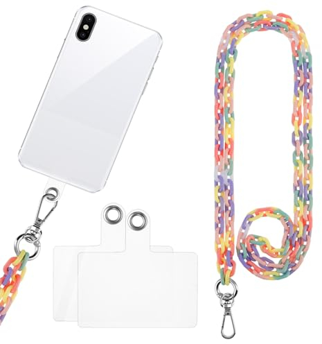simarro Handykette Bunt, Handykette Universal, Bunte Acrylkette Handykette mit Transparent Patches Handy Umhängeband Handyband zum Umhängen Handy Lanyard mit jeder Hülle Kombinierbar (Bunte3)