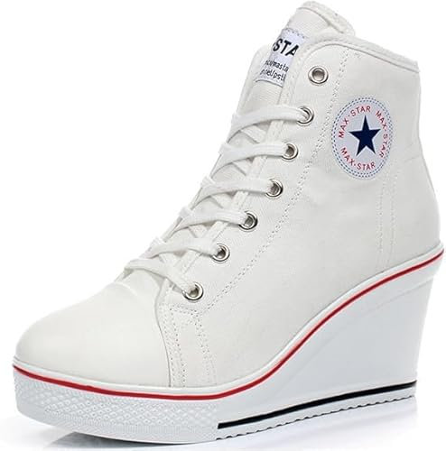 nulala Zapatillas de lona para mujer, con tacón de cuña, zapatillas con altura de tacón, zapatillas de plataforma para correr, para deporte, tiempo libre, Blanco, 37 EU