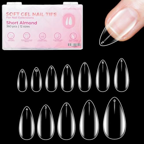 LLBA Soft Gel Nail Tips - 360Pcs Soft Gel Nail Extension Tips, 12 Sizes Clear Full Cover Fake Nails for Nail Extension, Long-Lasting Salon Quality, Natural Look & Comfortable Wear (Almond, Short)