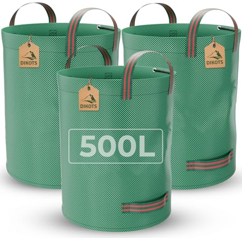 DIKOTS Garden waste bags heavy duty - 500L Pack of 3 reusable garden bags heavy duty with handles - Industrial standard garden sacks ideal for collecting plant waste grass & leaves