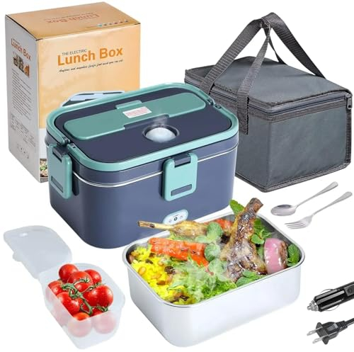 ODIKALA Gamelle Chauffante 80W, Lunch Box Gamelle Chauffante Électrique, 3 en 1 Haute Puissance 220V 24V 12V 1.5L Acier Inoxydable Portable Boîte Repas, pour Voiture Camion Bureau Travail (Bleu)