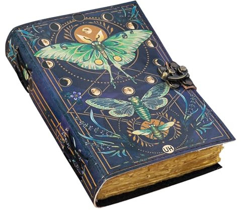 Blank Spell Book of Shadows Journal with Lock Clasp Vintage Handmade Leather Luna Moths and Morpho Butterfly Print Diary Prayer Pagan Witchcraft Supplies Wiccan Decor Notebook Daily (10x7)