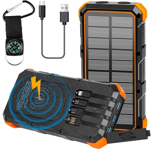 Solar Powerbank 26800mAh, Euakee Wireless Charging Power Bank mit 4 Kabeln & Campinglampe, wasserdichte Powerbank für 15W USB-C, Micro USB, Typ-C, iOS-Eingang 4 Ausgang 6 Eingangsanschlüsse (Orange)