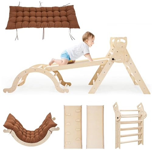 Yrthe Voitom Large Indoor Climbing Frame for Toddler, Pikler Triangle Set with Slide, Arch and Cushion, Wooden Baby Climbing Frames (Natural and Unpainted)