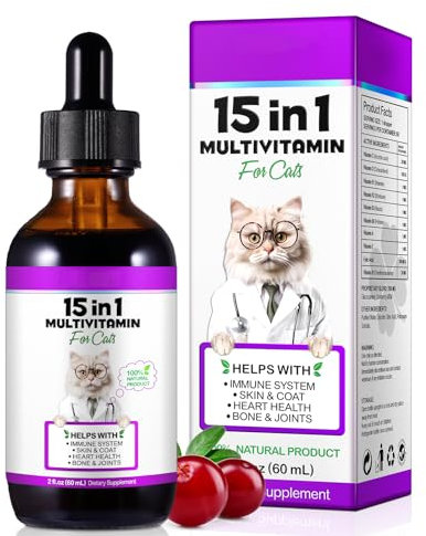 JSBNQRMZ Multivitamins for Cats,Cat 15in1 Vitamin Drops,Cat Vitamins and Supplements,60ml Cat Multivitamin Helps with Immune System,Skin & Coat,Heart Health and Bone & Joints