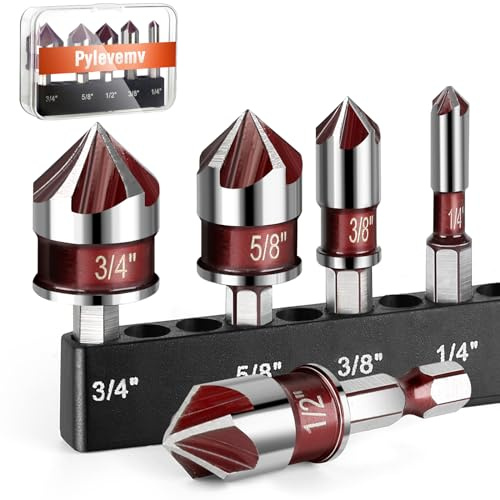 Pylevemv Lot de 5 forets coniques 82° 5 cannelures, tige hexagonale 1/4-3/4