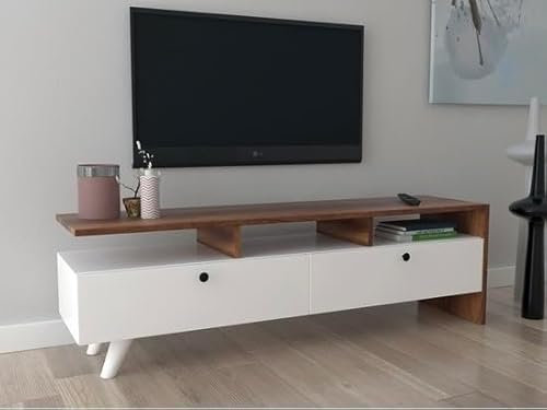 Mobile Tv, Supporto e base per la televisione in legno color noce e bianco con 2 anti, elegante, chic 140x45xh43 cm