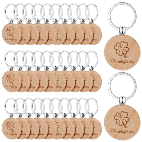 Hysagtek 32 Stück Schlüsselanhänger Holz, Rund Schlüsselanhänger Glücksbringer, Kleeblatt Glücksbringer mit Du schaffst das, Ideal als Geschenk für Schlüssel Dekoration