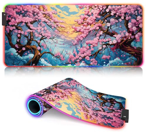 Tapis de Souris Fleur de Cerisier Japon Art ROG XXL Tapis étendus Longs LED Grand Tapis pour Souris (90x40x0,3) cm Bords Cousus Étanche Gamer, Bureau