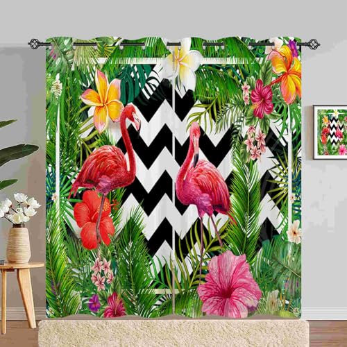 ANHOPE Tropisch Flamingo Blume Blatt Blickdichte Gardinen mit Ösen Thermo Vorhänge Weich Vorhang Blackout Curtain Wohnzimmer Schlafzimmer Verdunklungsvorhänge 2er Set H 245 x B 200 cm
