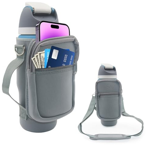 for Owala FreeSip Insulated Stainless Steel Water Bottle Cup Holder Cover Carrier Sling Bag with Strap, Pouch Pocket for Phone/Accessories, add Handle for Owala 32oz (Grey)