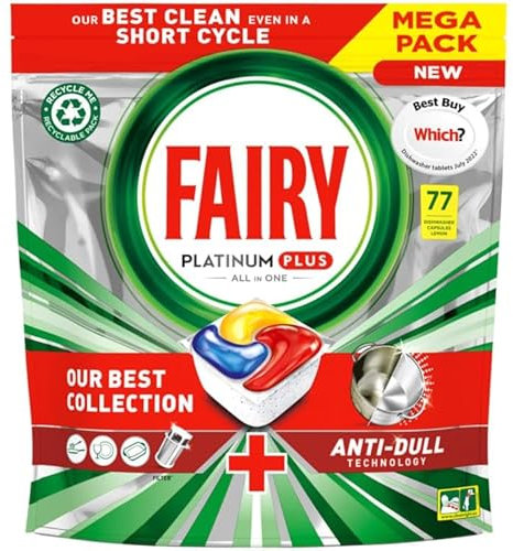Fairry All-in-One Platinum Plus 77pk - Lemon - Fairry Platinum Plus Dishwasher Capsules With Three Liquid Chambers Dissolve Fast.