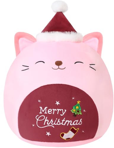 Xfrog Christmas Stuffed Animal 10 Cat Plush Pillow Wearing Christmas Hat Plushies Pillow Kawaii Xmas Plush Toys for Kids Girls Boys 25CM