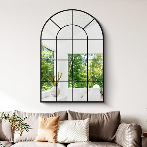 NIMURY Miroir Fenêtre Noir 66 x 96 cm, Miroir Décoratif à Grille en Métal, Miroir Mural Arqué pour Salle de Bain, Salon, Couloir