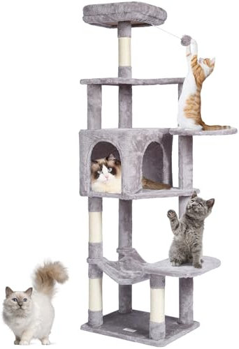VEVOR Arbre à Chat, 154 cm, Tour d'escalade à Chats avec griffoir en sisal, Niche, hamac, perchoir supérieur, Plates-Formes de Saut, Balle Suspendue, pour activités d'intérieur des Chats, Gris Clair