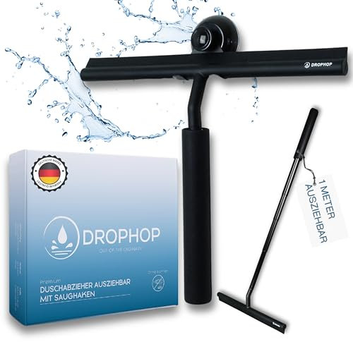 DROPHOP Ausziehbarer Duschabzieher schwarz mit Teleskop-Stange (100 cm) – Fensterwischer & Glasabzieher Dusche ohne Bohren – Silikon Wischer Bad mit Saugnapf