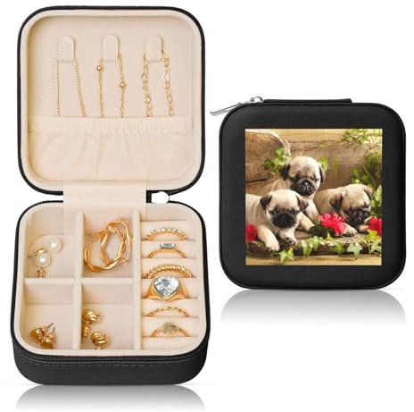 WSHFFILO Schmuckkästchen mit Mops-Motiv, quadratisch, Leder, Schmuck-Aufbewahrungsbox, Geschenkbox