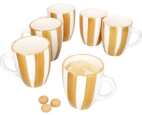 MamboCat Lot de 6 tasses à café en faïence avec anse et rayures jaunes - 320 ml - Pour vin chaud, latte macchiato, etc. - Noël