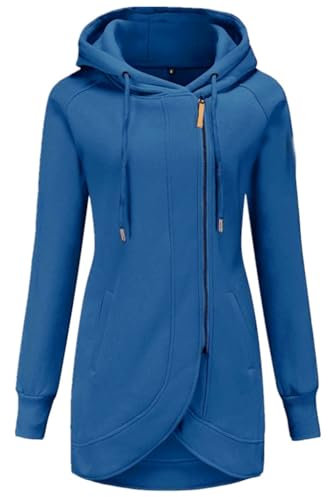 Damen-Kapuzenjacke, übergroßer Sweatshirt-Mantel mit schrägem Reißverschluss und Taschen, Marineblau 1, M Short