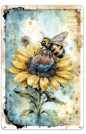 YOYI ART Metall-Gartenschilder für draußen – Vintage-Bienen-Sonnenblumenschild, Outdoor-Schilder für Terrasse, Hinterhof, Bauernhaus, Garten, Veranda, Haus und Hof, Wanddekoration, Kunst, Geschenke