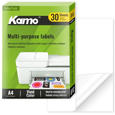 kamo Premium Weißes Stickerpapier – 30 Blätter, Bedruckbare matte Selbstklebende Etiketten für Laser- und Tintenstrahldrucker, A4, 210 x 297 mm, 1 Etikett pro Blatt