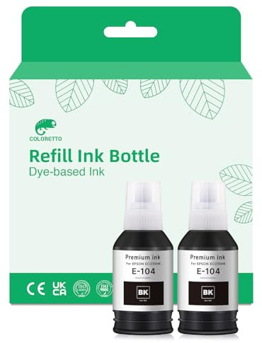 COLORETTO 104 Encre Compatible avec Epson 104 Bouteille d'encre Multipack pour ET-1810 ET-2726 ET-2810 ET-2811 ET-2812 ET-2814 ET-2815 ET-2820 ET-2821 ET-2825 ET-2826 ET-4700 ET-4800 (2-Pack 2 Noir)