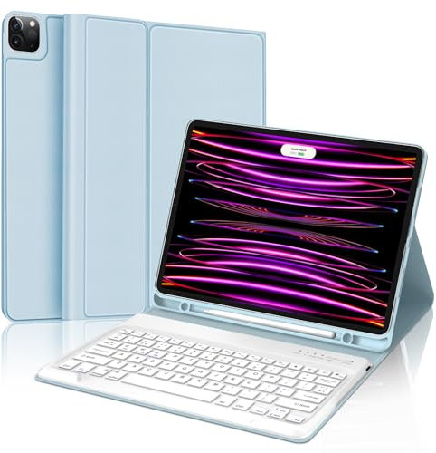SENGBIRCH Keyboard Case for iPad Pro 12.9 2022 6th Generation / 2021 5th Generation,UK Layout Detachable Keyboard Case for iPad Pro 12.9 Inch 2020/2018 4th Gen/3th, Light Blue
