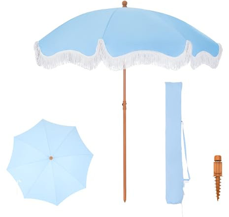 PHI VILLA Sombrilla para balcón, protección solar, 200 cm, plegable, redonda, con flecos, estilo bohemio, para jardín, resistente al viento, con estaca para terraza, UPF 50+, azul cielo