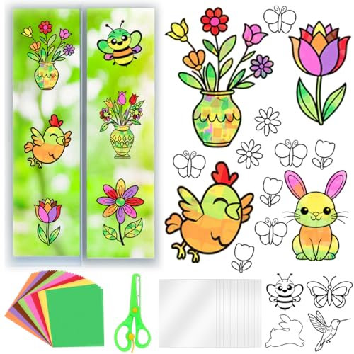 MQIAN Bastelset Frühling, 22 Stück Fensterbilder Frühling Ostern Basteln Kinder, DIY Frühlingsdeko Fensteraufkleber Blumen Vögel Schmetterlinge Hasen Biene zum Basteln Ostern Fenster