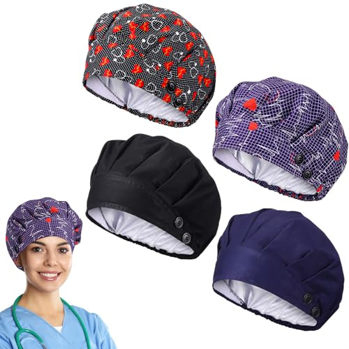 Zhengmy 4 Stück Satin gefütterte Bouffant Scrub Cap 4 Knöpfe Damen verstellbare Scheuerkappen mit Haargummis Chirurgische Mütze für Damen Herren Krankenschwester Mehrfarbig, Mehrfarbig, Einheitsgröße