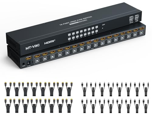 MT-VIKI 16 Port KVM Switch HDMI 4K@60Hz RGB 4:4:4 USB HDMI KVM Switch für 16 Computer Teilen Sie 1 Monitor und 4 USB-Geräte, KVM-Switches mit Audio, IR-Fernbedienung + Kabel