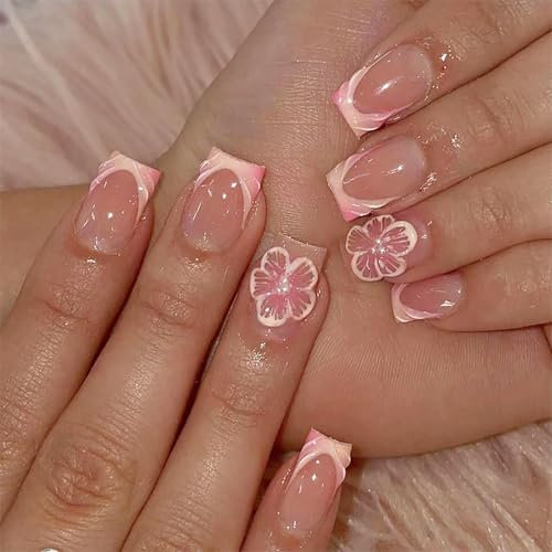 GlamRays 24 pièces Autocollants d'ongles à la française Carrés Ongles faux courts Couverture complète Ongles de cerisier avec design perlé