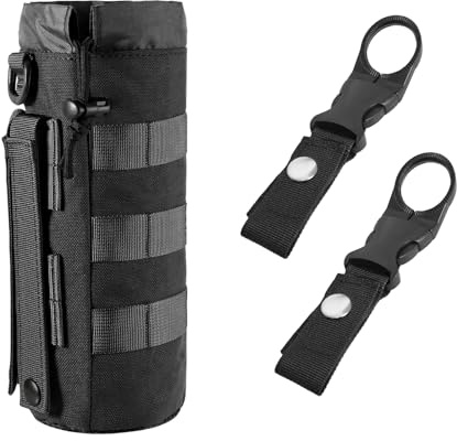 Schwarz Trinkflaschenhalter mit Gürtel-Clip Set – Molle-kompatibel, Nylon Flaschentasche mit Netzboden – Ideal für Outdoor, Camping, Wandern, Rucksackzubehör