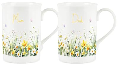 Purely Home Spring Time Daffodils Mum & Dad Mugs Set - Yellow Easter Themed Floral Gift/Present - Bone China Coffee/Tea Mugs