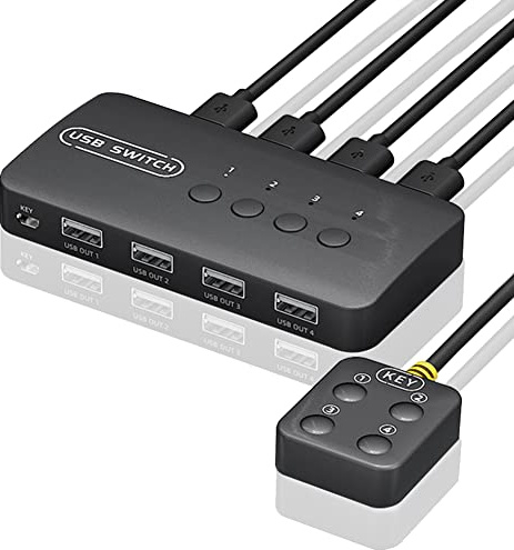 Qusedwey Conmutador KVM Conmutador USB Adaptador de Controlador Compartido 4 Entradas 4 Salidas para Computadora PortáTil Impresora Teclado RatóN Monitor