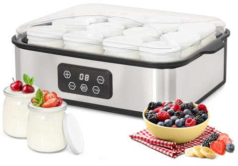 Todeco Yogurtiera Elettrica 12 Vasetti, Timer e Temperatura Regolabile | 12 vasetti con coperchi, display LCD, acciaio inox, timer 1-48 h, 25–50 °C