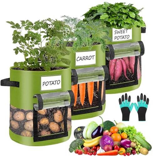 Pflanzsack 3er Set: Kartoffelsack zum Pflanzen (40L/10 Gallon) & Pflanztaschen für Draußen mit Griffen & Sichtfenster. Atmungsaktive Nonwoven Pflanzsäcke für Gemüse, Tomaten, Karotten & Zwiebeln