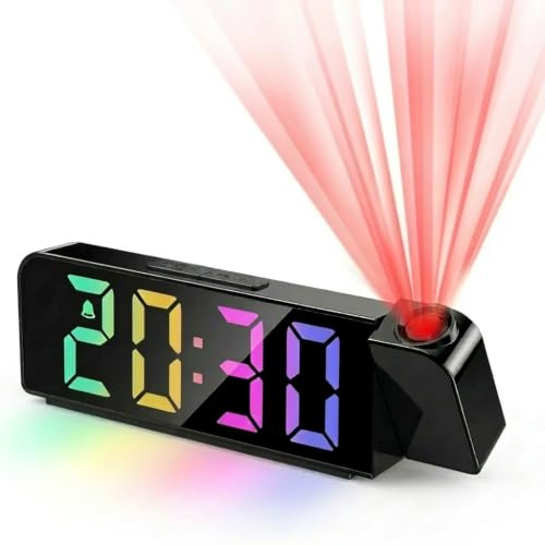 Projektionswecker für Schlafzimmer mit 180° drehbarem Projektor, Digitaler Wecker mit großer 7 LED-Anzeige, USB-Ladefunktion, einstellbarer Helligkeit, Temperaturanzeige, Projektionsuhr für Decke/Wan