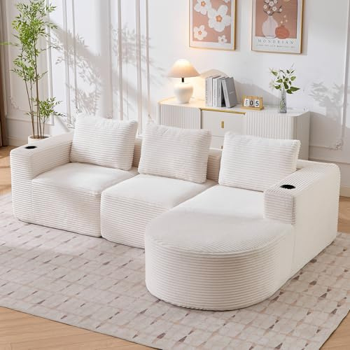 luckdect 258cm Canapé d'angle en L, Canapé 3-4 Places Modulaire avec Chaise Longue en Courbe, 3 Coussins, Canapé Compressé en Velours Côtelé pour Salon-sans Montage