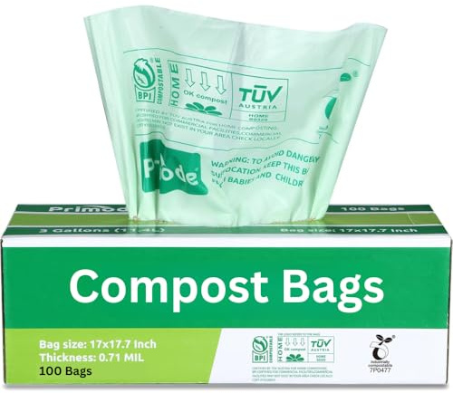 Compost Bags, Compostable Trash Bags 3 Gallon Compostable Bags Small Compost Bags for Countertop bin Extra Thick 0.71 Mil. ASTM D6400 Certified By BPI and TÜV AUSTRIA (3 Gallon, 100 Units)