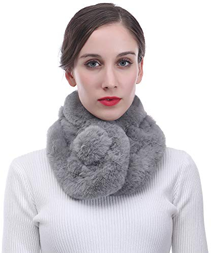 Lina & Lily Damen Schal Winterschal Pelzkragen mit Bommel aus Kunstpelz (Grau)