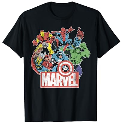 Marvel Avengers Retro Klassischer Comic Grafik T-Shirt, Unisex, Schwarz, S